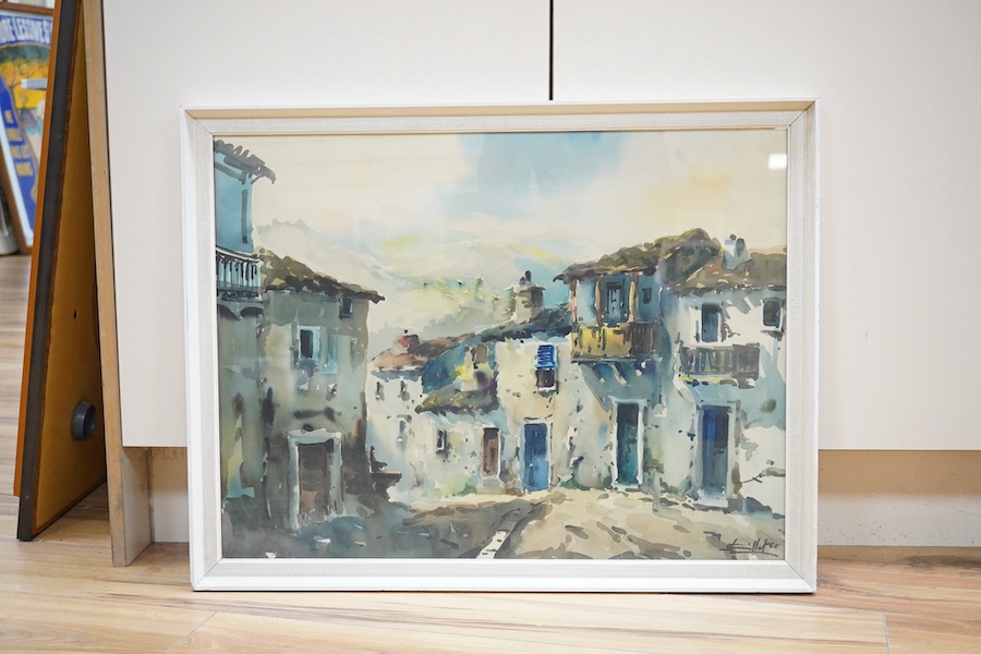 Javier Varela Guillot (20th. C), two watercolours, Northern Spanish town scenes, signed, 49 x 65cm. Condition - fair to good together with David Cox Jr. (1809-1885), watercolour, River landscape, signed and dated 1877, 3